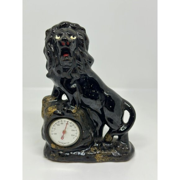 VTG Black Ceramic Lion Figurine With Thermometer Made In Japan MCM Decor Style - Picture 2 of 8